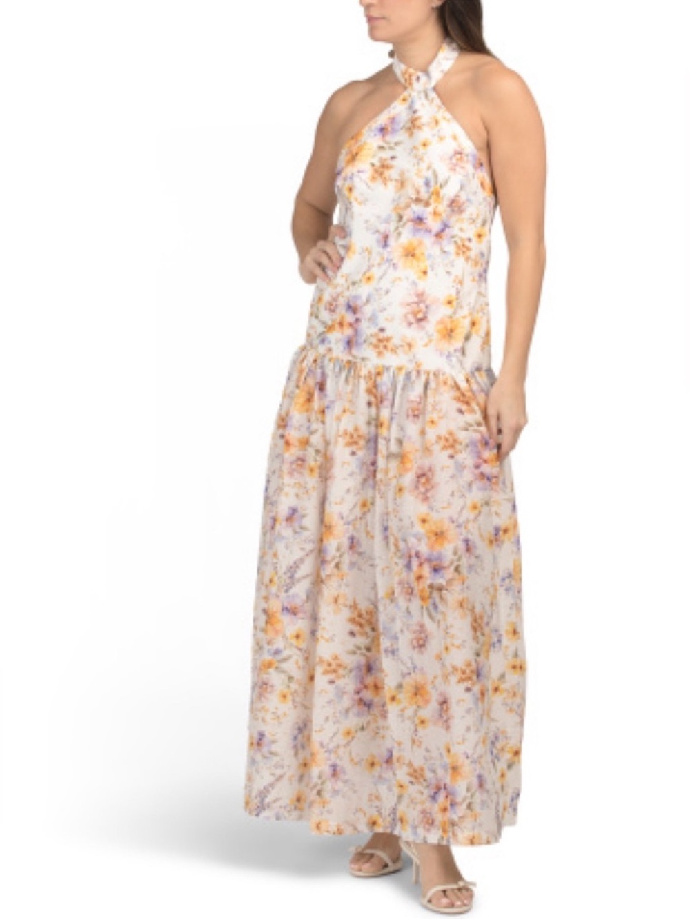 Twist-Halter Floral Maxi Dress in White with Yellow and Lavender Blooms